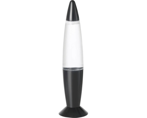 Dekorative Lavalampe in Raketenform mit schwarzem Sockel und Gehäuse sowie klarem Glas mit weißem Wachs.