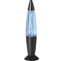 Dekorative Tornado-Lampe mit schwarzem Sockel und Spitze, wirbelnder Effekt in blauem Licht.