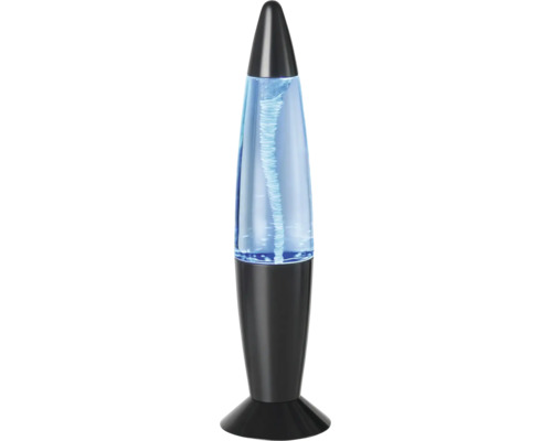 Dekorative Tornado-Lampe mit schwarzem Sockel und Spitze, wirbelnder Effekt in blauem Licht.
