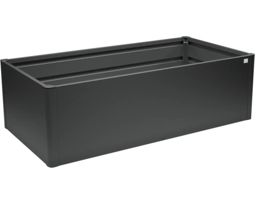 Rechteckiges Hochbeet aus Metall in Anthrazit mit glatter Oberfläche.