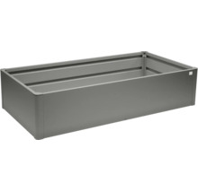 Rechteckiges Hochbeet aus Metall in Grau.