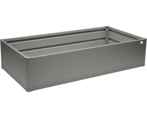 Rechteckiges Hochbeet aus Metall in Grau.
