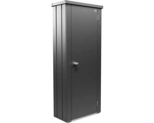 Biohort Geräteschrank aus Metall in Anthrazit mit einer Tür und silbernem Griff. Biohort Logo.