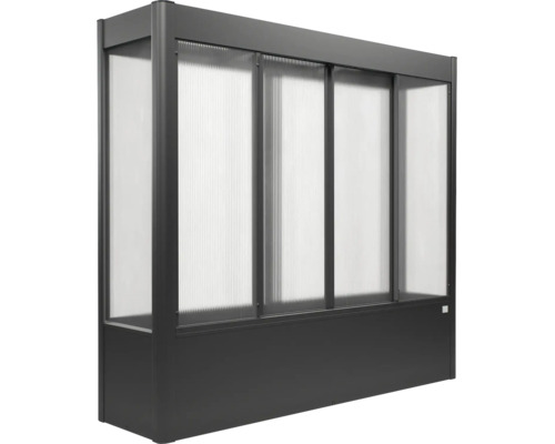 Hochbeet-Aufsatz mit lichtdurchlässigen Polycarbonatplatten und anthrazitfarbenem Metallrahmen.
