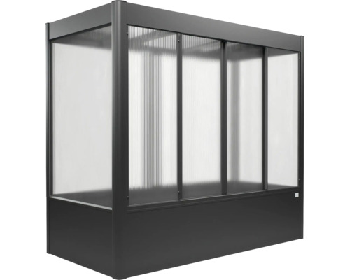 Dunkelgraues Frühbeet aus Metall mit lichtdurchlässigen Hohlkammerplatten aus Polycarbonat.