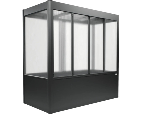 Hochbeet mit Gewächshausaufsatz aus Aluminium und Hohlkammerplatten in Anthrazit.