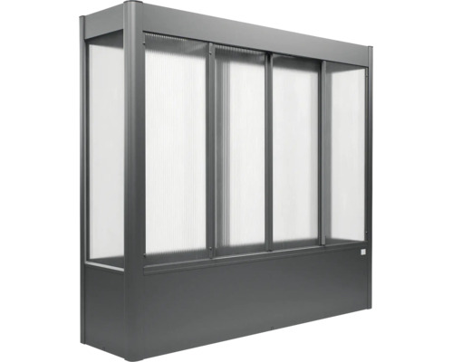 Anthrazitfarbener Hochbeet-Aufsatz aus Metall mit Schiebeelementen aus Polycarbonat-Hohlkammerplatten.