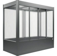Hochbeet-Aufsatz aus dunkelgrauem Metall mit transparenten Polycarbonatplatten und Schiebetüren.