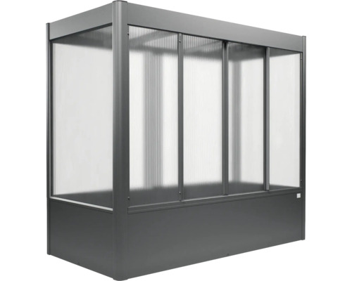 Hochbeet-Aufsatz aus dunkelgrauem Metall mit transparenten Polycarbonatplatten und Schiebetüren.