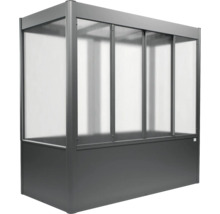 Anthrazitfarbenes Hochbeet mit transparentem Aufsatz aus Polycarbonat und Metallrahmen.