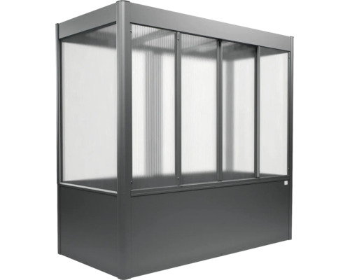 Anthrazitfarbenes Hochbeet mit transparentem Aufsatz aus Polycarbonat und Metallrahmen.
