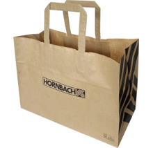 Braune Papiertragetasche mit Hornbach Logo, schwarzen Streifen, Flachhenkeln und Zertifizierung für nachhaltige Waldwirtschaft.