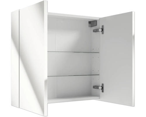 Geöffneter weißer Spiegelschrank fürs Badezimmer mit zwei Glaseinlegeböden und sichtbaren Scharnieren.