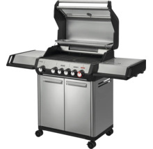 Gasgrill aus Edelstahl mit sechs Drehreglern, zwei Seitenablagen, Unterschrank mit zwei Türen und offenem Deckel auf Rollen.