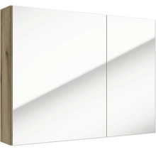 Zweitüriger Badezimmer-Spiegelschrank mit seitlicher Holzoptik und großen Spiegelflächen.