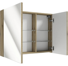 Zweitüriger Spiegelschrank für das Badezimmer in Holzoptik mit geöffneter rechter Tür, Glasböden und Innenaufteilung.
