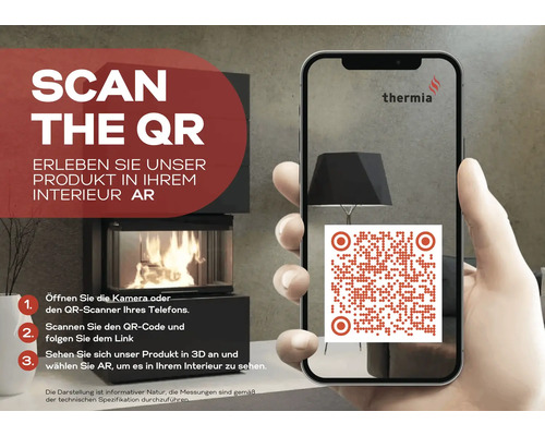 Hand hält ein Smartphone beim Scannen eines QR-Codes zur Visualisierung eines Thermia Kamins mittels Augmented Reality. Thermia Logo.