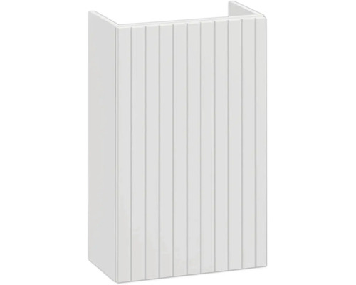 Weißer Hängeschrank mit vertikal gerillter Front für das Badezimmer.