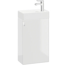 Schmaler Gästebad-Waschtischunterschrank in Weiß, inklusive Handwaschbecken und verchromter Armatur.