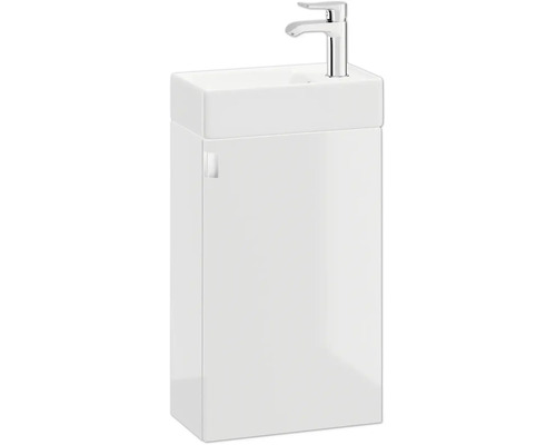 Schmaler Gästebad-Waschtischunterschrank in Weiß, inklusive Handwaschbecken und verchromter Armatur.