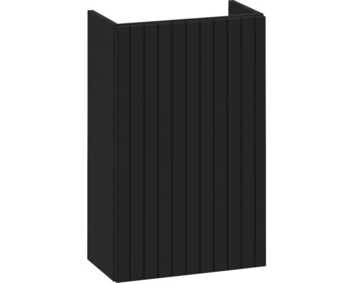 Schwarze Siphonverkleidung mit vertikalen Rillen für das Badezimmer.