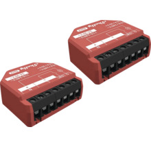 Zwei rote Shelly Generation 3 Smart-Relais-Module aus Kunststoff für die Unterputzmontage mit Schaltplan und Anschlussklemmen.