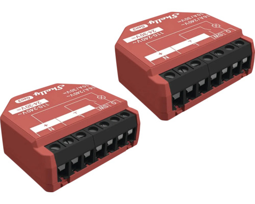 Zwei rote Shelly Generation 3 Smart-Relais-Module aus Kunststoff für die Unterputzmontage mit Schaltplan und Anschlussklemmen.