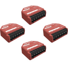 Vier rote Shelly Gen3 Smart-Relais-Module mit schwarzen Schraubklemmen für die Unterputzmontage.
