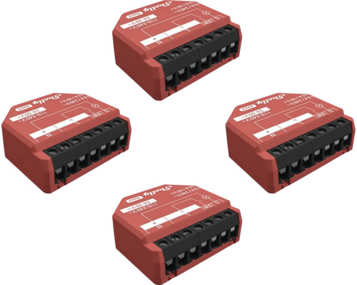 Vier rote Shelly Gen3 Smart-Relais-Module mit schwarzen Schraubklemmen für die Unterputzmontage.