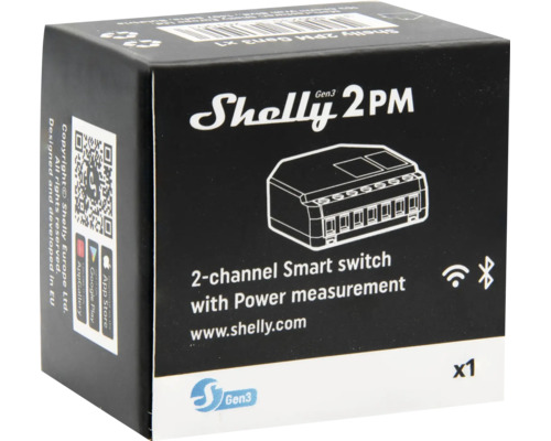 Verpackung des Shelly 2PM Gen3 2-Kanal Smart Switch mit Leistungsmessung, WLAN und Bluetooth.