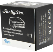 Verpackung des Shelly 2PM Gen3, zweikanaliger smarter Schalter mit Leistungsmessung, WLAN und Bluetooth, CE-konform.