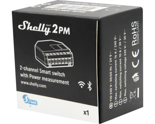 Verpackung des Shelly 2PM Gen3, zweikanaliger smarter Schalter mit Leistungsmessung, WLAN und Bluetooth, CE-konform.