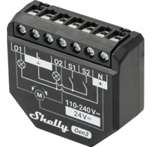 Schwarzes Shelly Gen3 Smart Home Modul für Rollladen und Licht mit Schaltplan und Schraubklemmen für 110 bis 240 Volt.