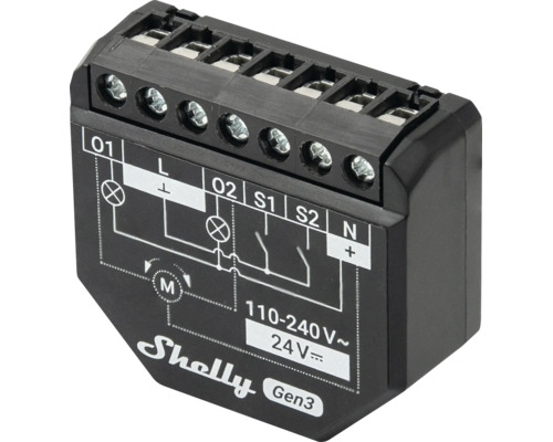 Schwarzes Shelly Gen3 Smart Home Modul für Rollladen und Licht mit Schaltplan und Schraubklemmen für 110 bis 240 Volt.