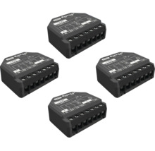 Vier Shelly Generation 3 Smart Home Schaltmodule mit Klemmenanschlüssen und Schaltplan für die Hausautomation.