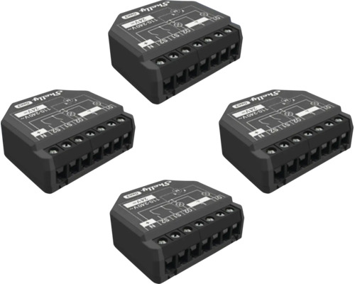 Vier Shelly Generation 3 Smart Home Schaltmodule mit Klemmenanschlüssen und Schaltplan für die Hausautomation.