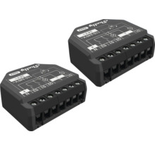 Zwei Shelly Gen3 Smart Home Relaisschalter mit Shelly Logo, Schaltplan und Anschlussklemmen.
