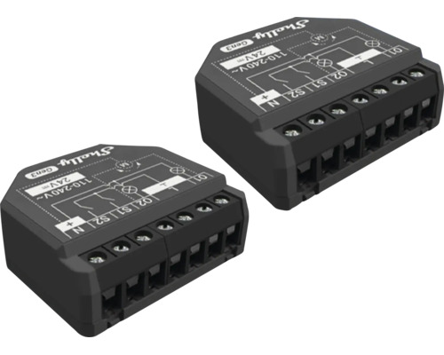 Zwei Shelly Gen3 Smart Home Relaisschalter mit Shelly Logo, Schaltplan und Anschlussklemmen.