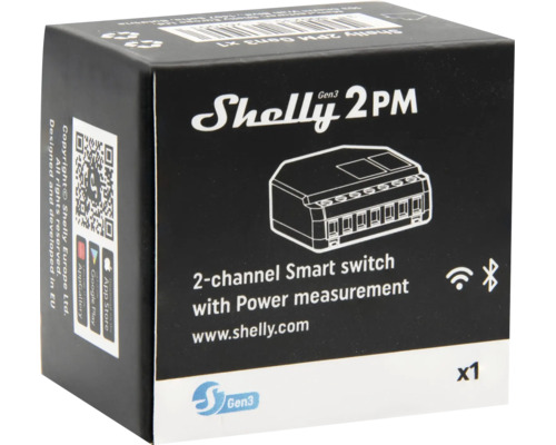 Shelly 2PM Gen3 Verpackung, zweikanaliger smarter Schalter mit Leistungsmessung, WLAN und Bluetooth.