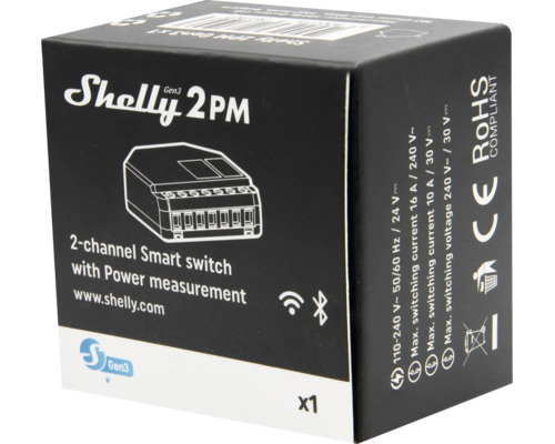 Verpackung Shelly Gen3 2PM 2-Kanal Smart Schalter mit Energiemessung, WLAN und Bluetooth.
