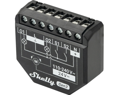 Schwarzes Shelly Gen3 Smart-Home-Relaismodul mit Anschlussklemmen, Schaltplan und Spannungsbereich von 110 bis 240 Volt.