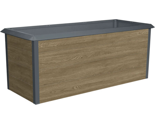 Rechteckiges Hochbeet mit dunkelgrauem Metallrahmen und Paneelen in Holzoptik.