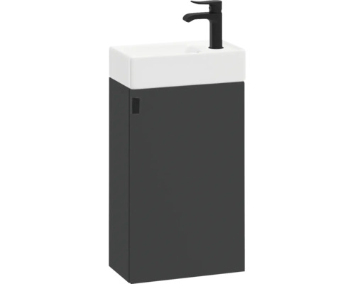 Gäste-WC-Waschbecken mit Unterschrank in Anthrazit, weißem Keramikbecken und mattschwarzer Armatur.