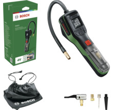 Bosch Akku-Druckluftpumpe PNEO 4 Volt mit digitaler Anzeige, Schlauch, Ventiladaptern und Aufbewahrungstasche neben der Verpackung.