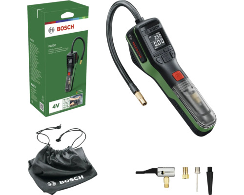 Bosch Akku-Druckluftpumpe PNEO 4 Volt mit digitaler Anzeige, Schlauch, Ventiladaptern und Aufbewahrungstasche neben der Verpackung.