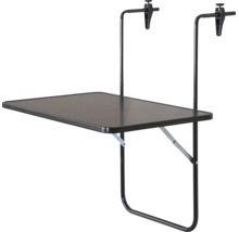 Schwarzer klappbarer Balkonhängetisch aus Metall und Kunststoff.