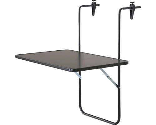 Schwarzer klappbarer Balkonhängetisch aus Metall und Kunststoff.