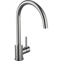 Einhebel-Küchenarmatur aus Edelstahl mit hohem, gebogenem Auslauf und seitlichem Hebel.