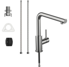 Küchenarmatur mit herausziehbarer Brause, zwei Anschlussschläuchen, Montageset, Stabilisierungsplatte und Gewicht.