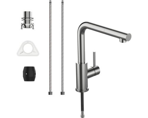 Küchenarmatur mit herausziehbarer Brause, zwei Anschlussschläuchen, Montageset, Stabilisierungsplatte und Gewicht.
